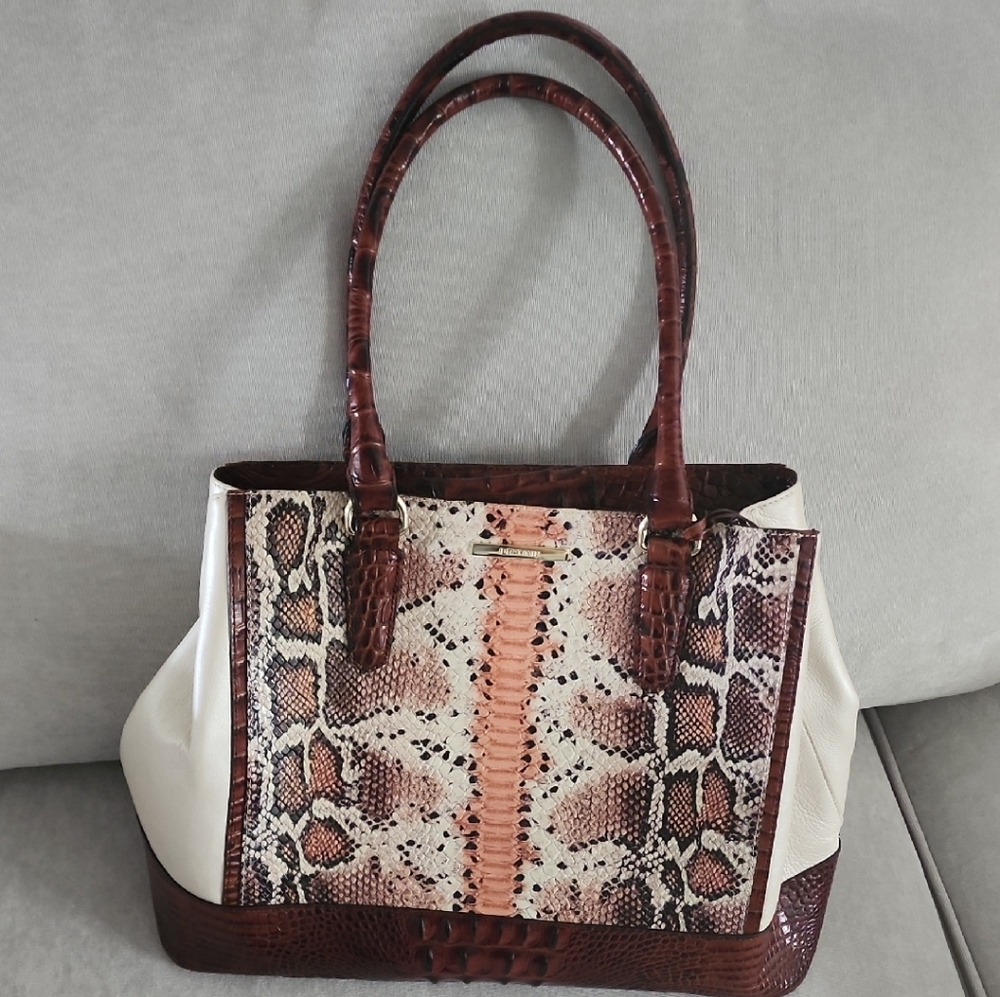 Brahmin Cream and Brown Snakeskin Tote